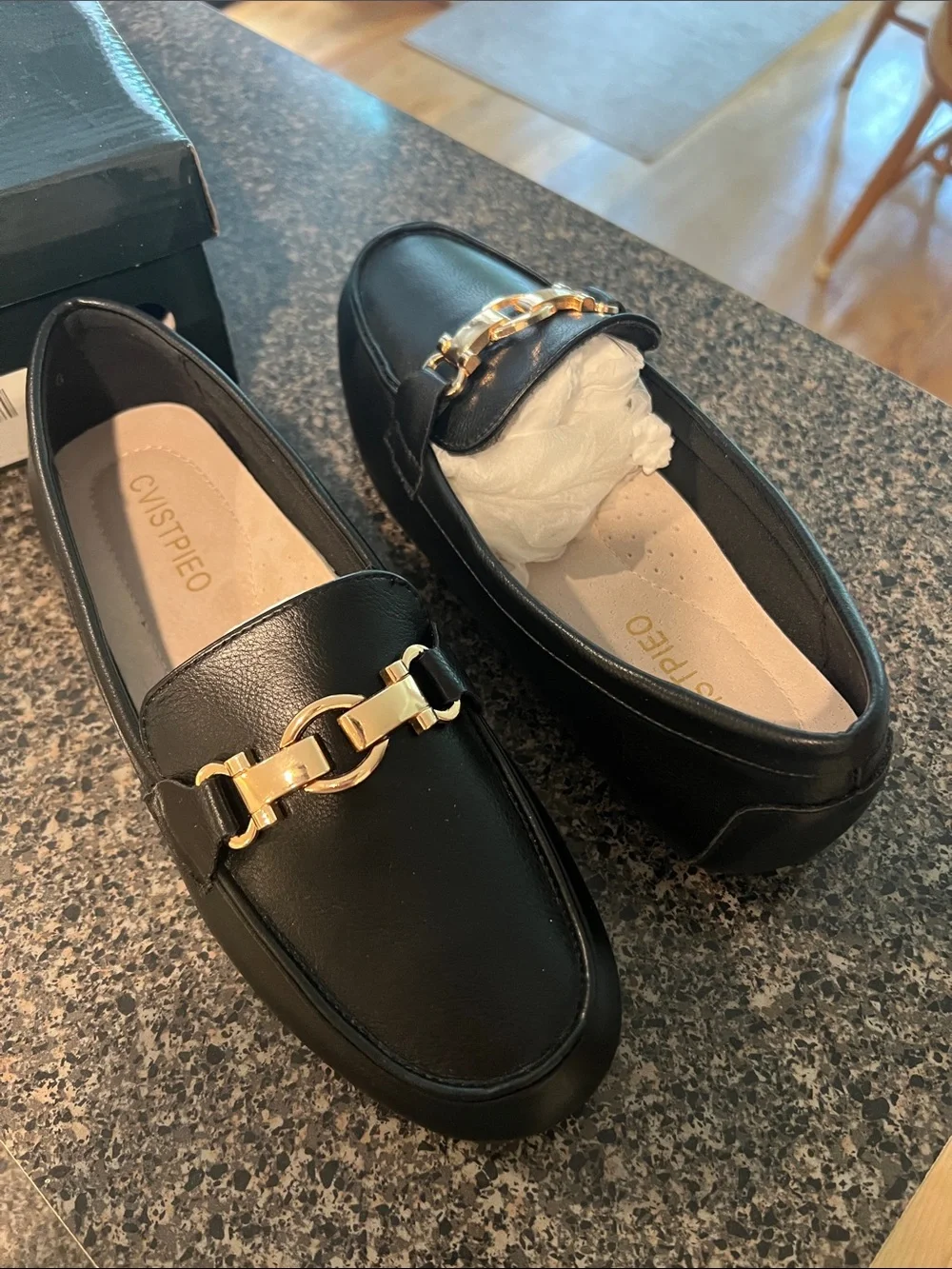 Black Loafers with Gold Chain Detail